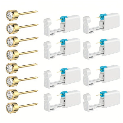 Disposable Ear Piercing Gun Set 8pcs - Stainless Steel Ear Stud Piercing Tool Kit, Safe Portable Self-Piercing Device with Hypoallergenic Earrings for Home Use, Silver & Gold