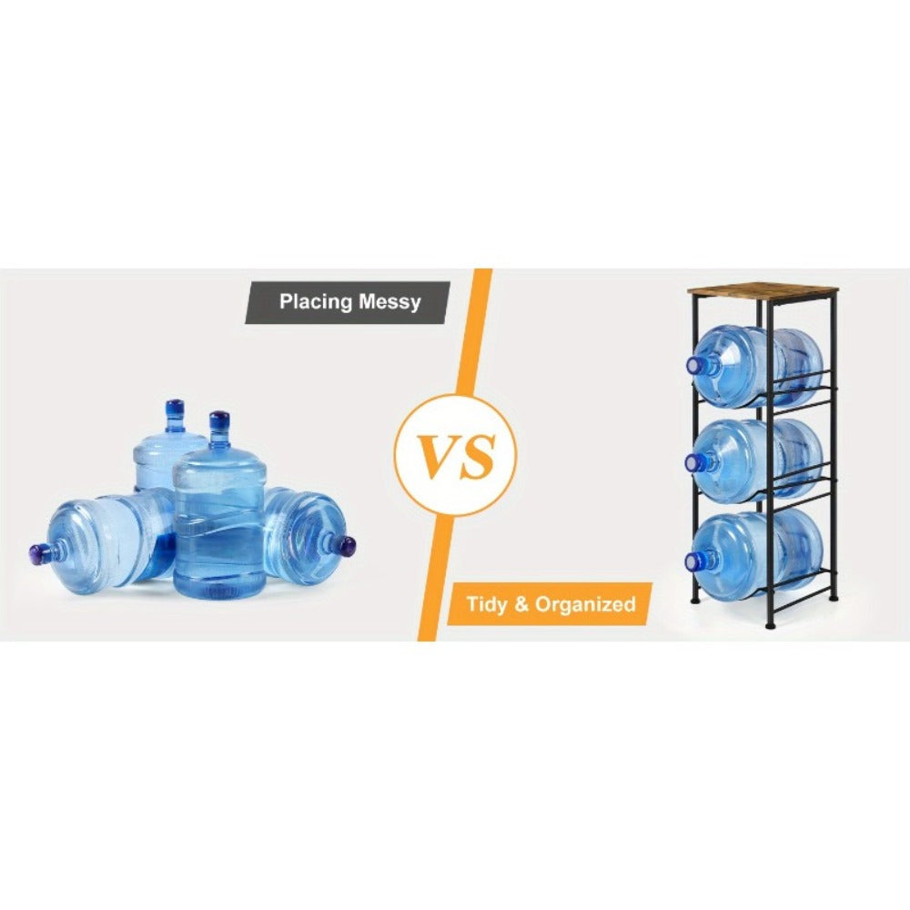 5-Gallon Water Jug Holder 3-Tier – Heavy Duty Water Bottle Rack Organizer with Top Shelf & Adjustable Legs for Kitchen, Living Room & Office – Particleboard & Steel Frame, White, Brown & Black