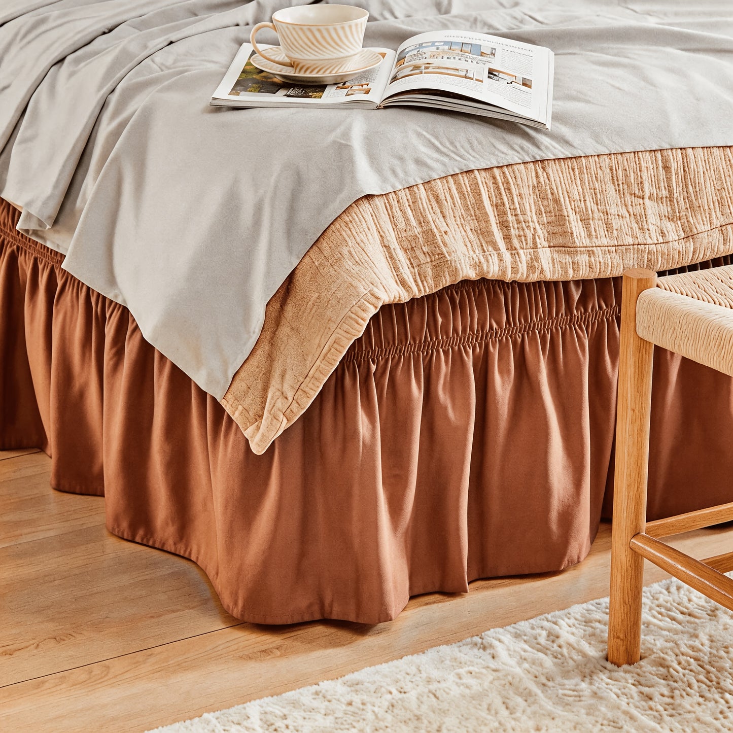 Bed Skirt with Adjustable Elastic Belt - Ruffle Microfiber Dust Ruffle 15 Inch Drop, Hotel Quality, Fade Resistant, Machine Washable, Easy Wrap Fit