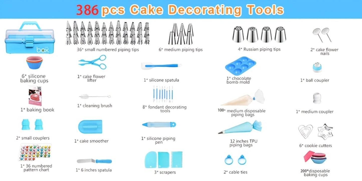 386 Pcs Cake Decorating Baking Set with Piping Nozzles & Frosting Tips – Complete Beginner Baking Tool Kit with Floral Nozzles, Pastry Tips & Decorating Tools