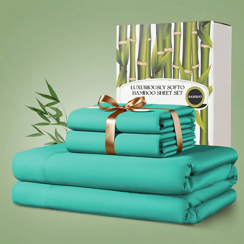 Bamboo Bed Sheet Set 4pcs 2200TC Deep Pocket Cooling Fitted Sheets – Ultra Soft, Breathable, Shrink & Wrinkle Resistant