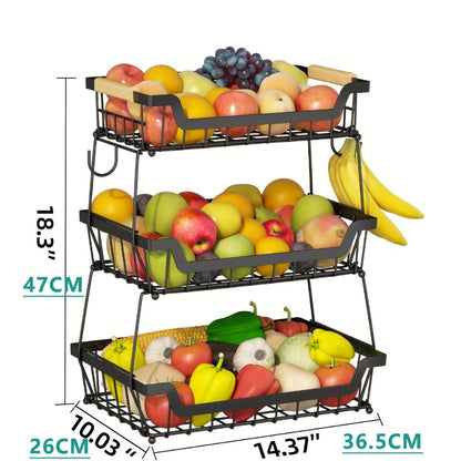 Fruit Basket with Banana Hanger, 2-3 Tier Metal Countertop Organizer with Wooden Handle — Detachable Kitchen Storage Stand for Fruits, Vegetables & Bread | Large Capacity | Black