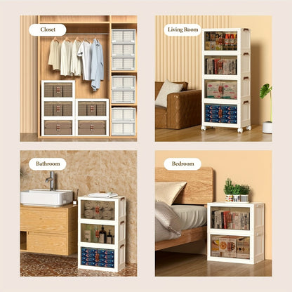 Stackable Storage Bins with Wheels & Drawers | Open Front Foldable Storage Organizer Bins for Home Bedroom Clothes Books Toys Holiday Christmas Gift Storage