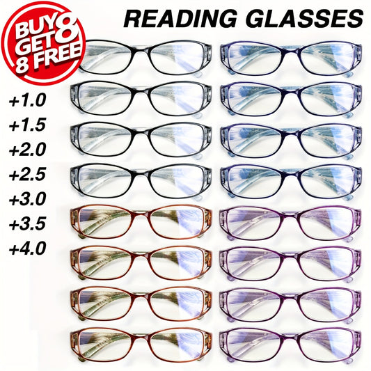 Womens Reading Glasses 16 Pack Elegant Square Full Frame High Definition Lenses 4 Colors Purple Blue Brown Black Comfortable Stylish Readers for Computer Book Reading Long Distance Magnification 1.0 to 4.0
