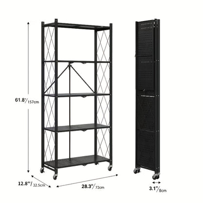 Rolling Storage Rack with Wheels 3 4 5 Tier Folding Shelving Unit No Assembly Required, Freestanding Metal Shelf Organizer for Kitchen Living Room Garage Office Basement, Black White