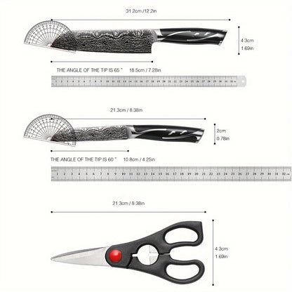 Kitchen Knife Set 7-Piece Damascus Pattern Stainless Steel with Universal Knife Block Holder – Chef Knife, Fruit Knife & Safety Knives Included, Non-Slip Handle