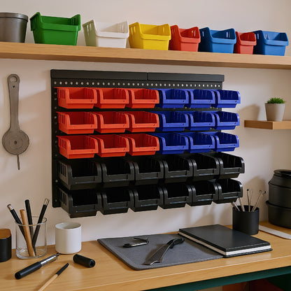 Plastic Parts Storage Bins Wall Mount 30pcs – Heavy Duty Small Hardware Organizer for Screws, Nuts, Bolts & Nails | Multi-Tier Wall Shelf System for Garage, Workshop & Craft Room | Space-Saving Bin Rack