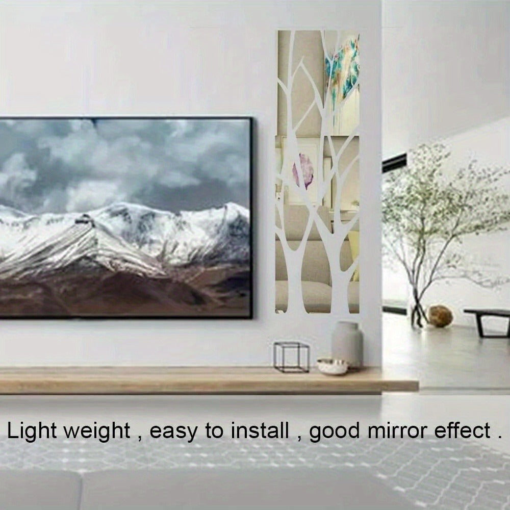 3D Mirror Tree Acrylic Wall Sticker – Removable Reflective Wall Decal for Living Room, Bedroom, TV Wall & Sofa Area | Glossy Silver Mirror Finish Wall Art Decor | 1000x280mm