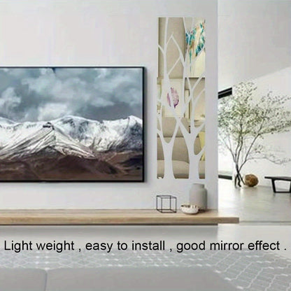 3D Mirror Tree Acrylic Wall Sticker – Removable Reflective Wall Decal for Living Room, Bedroom, TV Wall & Sofa Area | Glossy Silver Mirror Finish Wall Art Decor | 1000x280mm