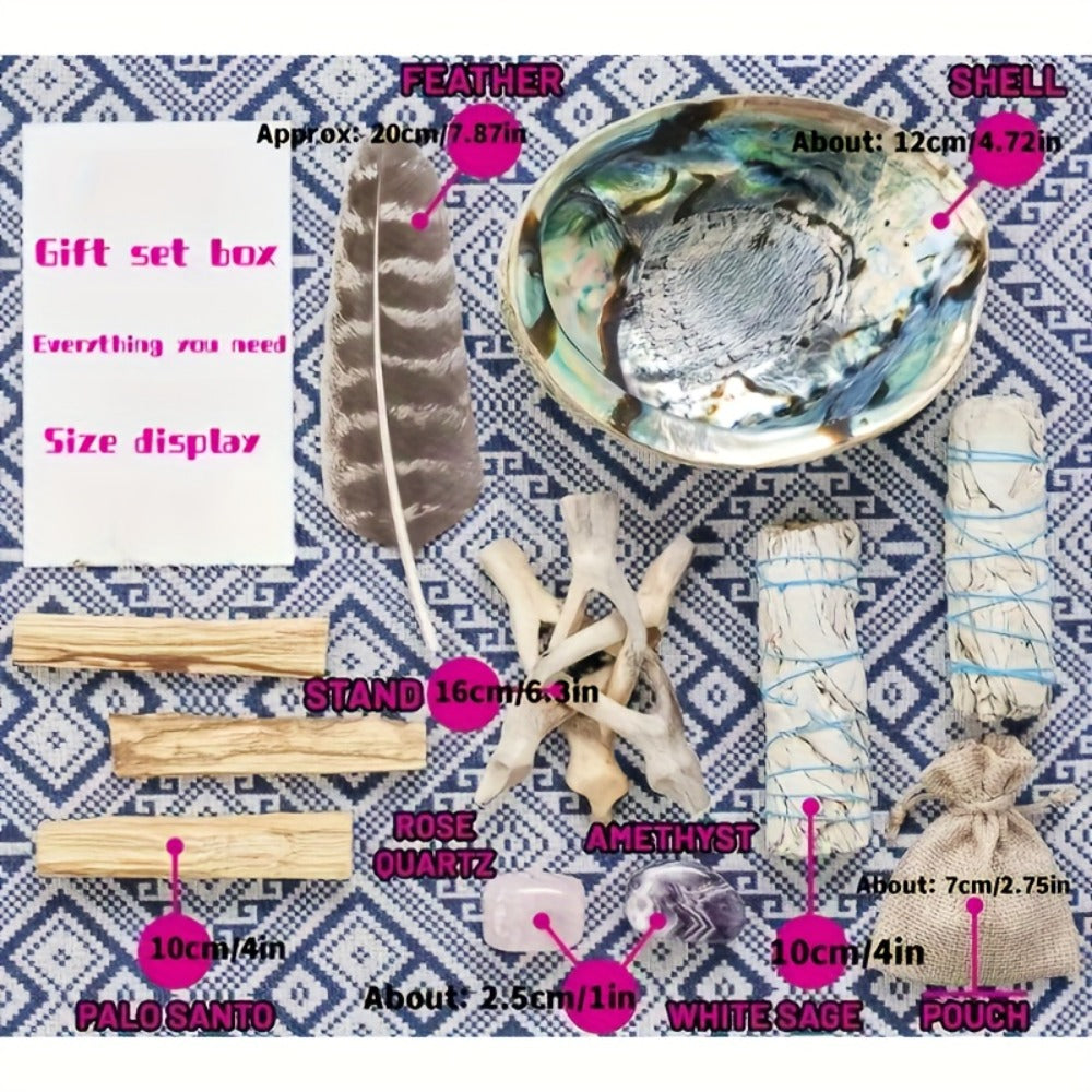 White Sage Smudge Kit 11pcs – 2 White Sage Bundles, 3 Palo Santo Sticks, Abalone Shell with Stand, Crystal Stones – Spiritual Cleansing Gift Set for Home, Meditation & Ritual Decor