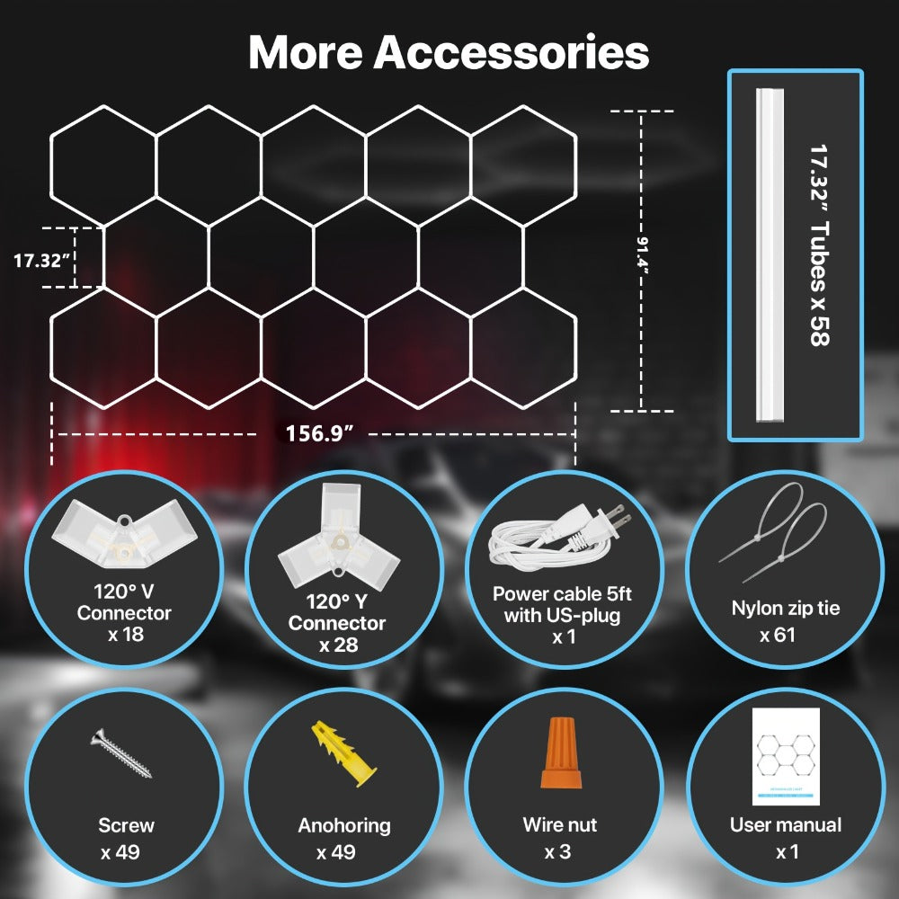 LED Hexagonal Garage Light 6500K – Super Bright Daylight White Shop Light 42W–620W for Auto Detailing, Warehouse, Workshop, Basement & Gym (1 to 32 Grids, Hex Frame Available)