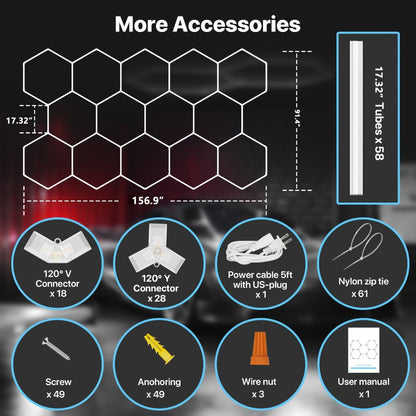 LED Hexagonal Garage Light 6500K – Super Bright Daylight White Shop Light 42W–620W for Auto Detailing, Warehouse, Workshop, Basement & Gym (1 to 32 Grids, Hex Frame Available)