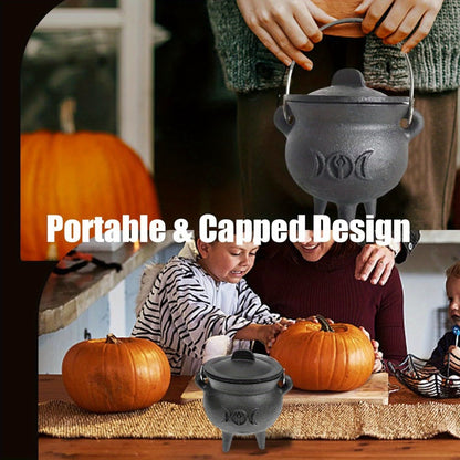 Cast Iron Cauldron with Lid & Handle – Witchcraft Incense Burner, Spell Ritual Pot, Halloween Decor, Pentagram & Triple Moon Styles, Pagan Altar Cauldron