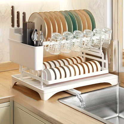 2-Tier Metal Dish Drying Rack with Drainboard – Kitchen Counter Dish Drainer Compact Countertop Drying Rack Black White Gray