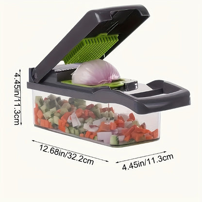 Vegetable Chopper 16-in-1 Manual Food Chopper Set – 8 Stainless Steel Blades, 304 Container, Peeler & Filter | Onion, Garlic & Carrot Slicer Dicer | Professional Kitchen Meal Prep Tool