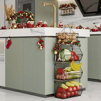 Stackable Metal Wire Fruit Basket with Lid – 1 or 2-Tier Hanging Kitchen Pantry Storage Bin, Wall-Mounted or Countertop Vegetable Organizer for Potato, Onion & Produce, Black