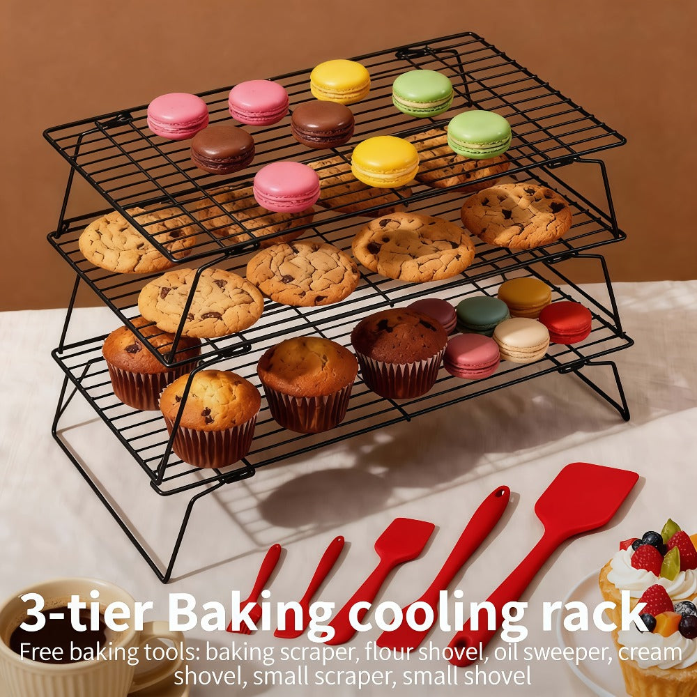 Foldable Cooling Rack Set – Stackable Oven Cookie Cake Drying Rack with Free Baking Tools (Silicone Spatula, Egg Beater, Tongs, Brush) | 3/4/5 Tier Options for Kitchen, Camping & Holiday Baking