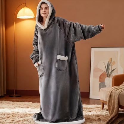 Plaid Fleece Wearable Hooded Blanket – 400gsm Warm Cozy Oversized Hoodie Bedspread, Machine Washable, 4 Colors, 70" Length