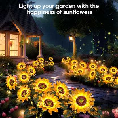 Solar Sunflower Garden Stake Lights 4 Pack | 12 Lifelike LED Flowers IP44 Waterproof Auto On Off | Floral Path Lighting for Patio Yard Porch with 8 Clip-On Butterfly Accessories