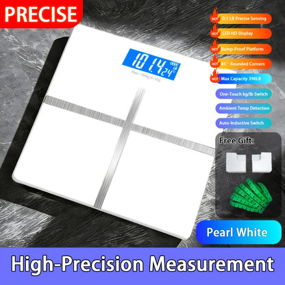 Digital Bathroom Scale with LCD Temperature Display – 396 lb High-Precision Weight Scale, KG/Pounds Switchable, Wide Non-Slip Platform, Available with HD LED Upgrade, Waist Strap & Storage Rack
