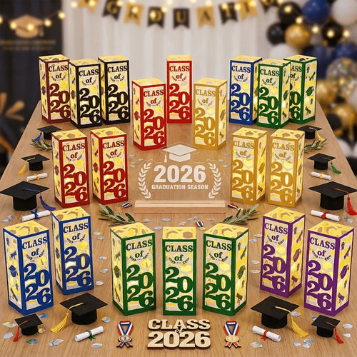 Graduation Centerpiece Set 6pcs Class of 2026 – Decorative Lantern Box Table Decorations for High School & College Graduation Party, Photo Booth Props, Party Kit in Red Blue Green Purple Maroon