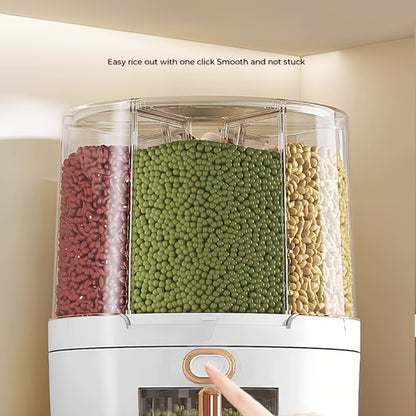 Rice Dispenser 360 Rotating 6 Compartment Grain Storage Container - Airtight Moisture Proof with Transparent Window, Food Grade PP, Large Capacity for Rice Cereal Flour and Pet Food, Medium 13lb or Large 22lb