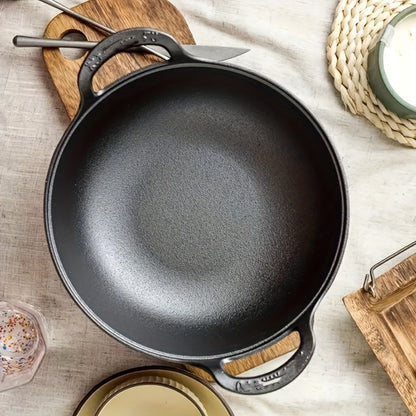 Cast Iron Wok Skillet Non-Stick Deep Stir Fry Pan with Dual Handles - Heavy Duty Uncoated Traditional Cooking Pot Multi-Size 9.84 10.62 11.81 12.59 Inch for Home Outdoor Grilling Baking