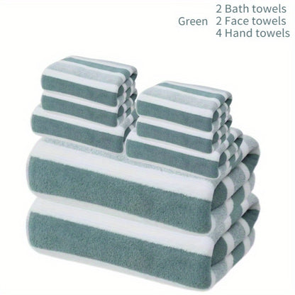 Towel Set 8 Piece Two-Color Striped - Super Absorbent Soft No Hair Loss Bath Towel Combo | 2 Bath Towels 2 Face Towels 4 Hand Towels | Grey Red Blue Green | Bathroom Family Hotel Spa Gift Set