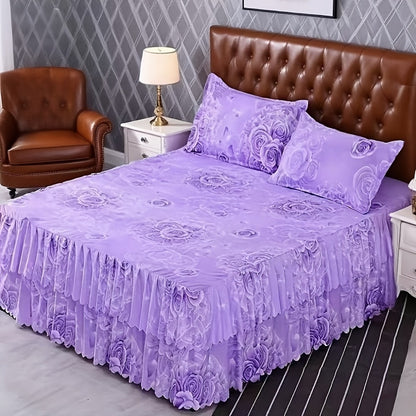 Floral Bed Skirt Set 3-Piece – 1 Ruffled Dust Ruffle Bed Skirt + 2 Pillowcases | Peony & Botanical Print | Double-Layer Hem | Machine Washable Polyester Bedding | 150, 180 & 200cm