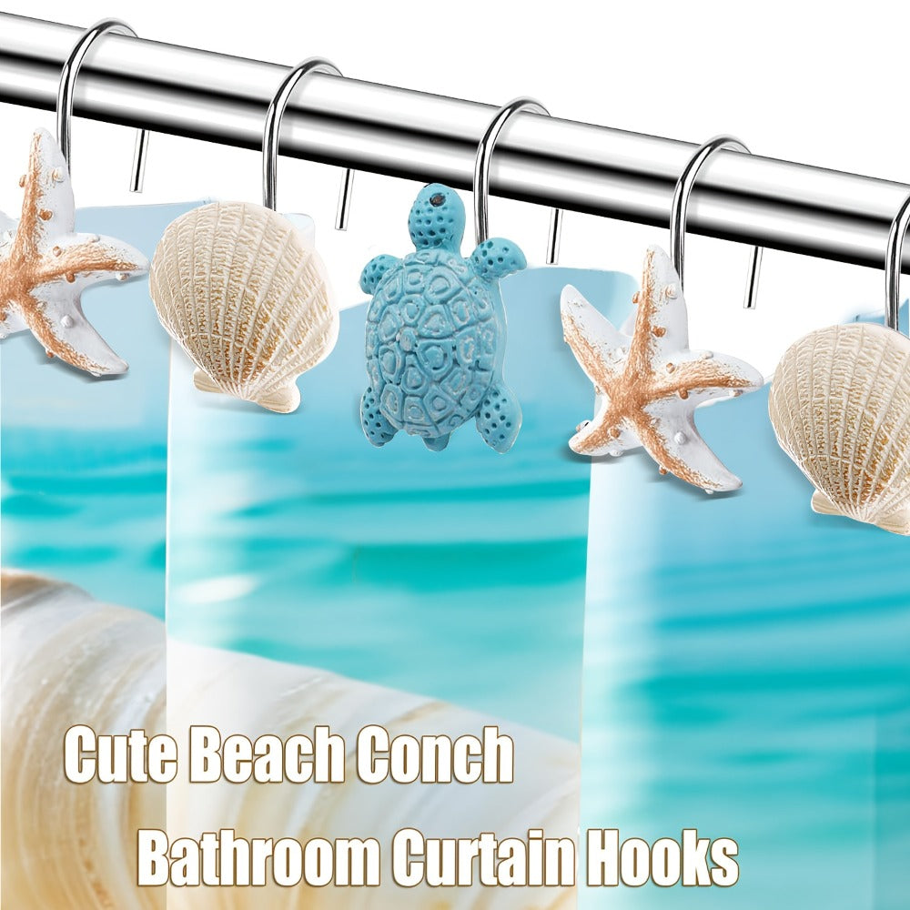 12pcs Resin Marine Shower Curtain Hooks – Blue Turtle & Starfish Shell Decorative Bathroom Curtain Ring Hangers Home Decor Accessories