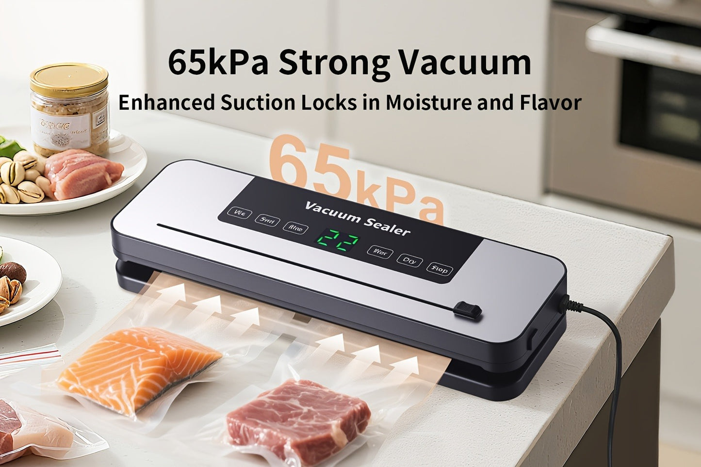 Vacuum Sealer Machine 6-in-1 Automatic Food Sealer 65Kpa Powerful Suction with Bags Cutter & Hose – Sous Vide Compatible Food Storage Vacuum Sealer for Dry & Moist Foods