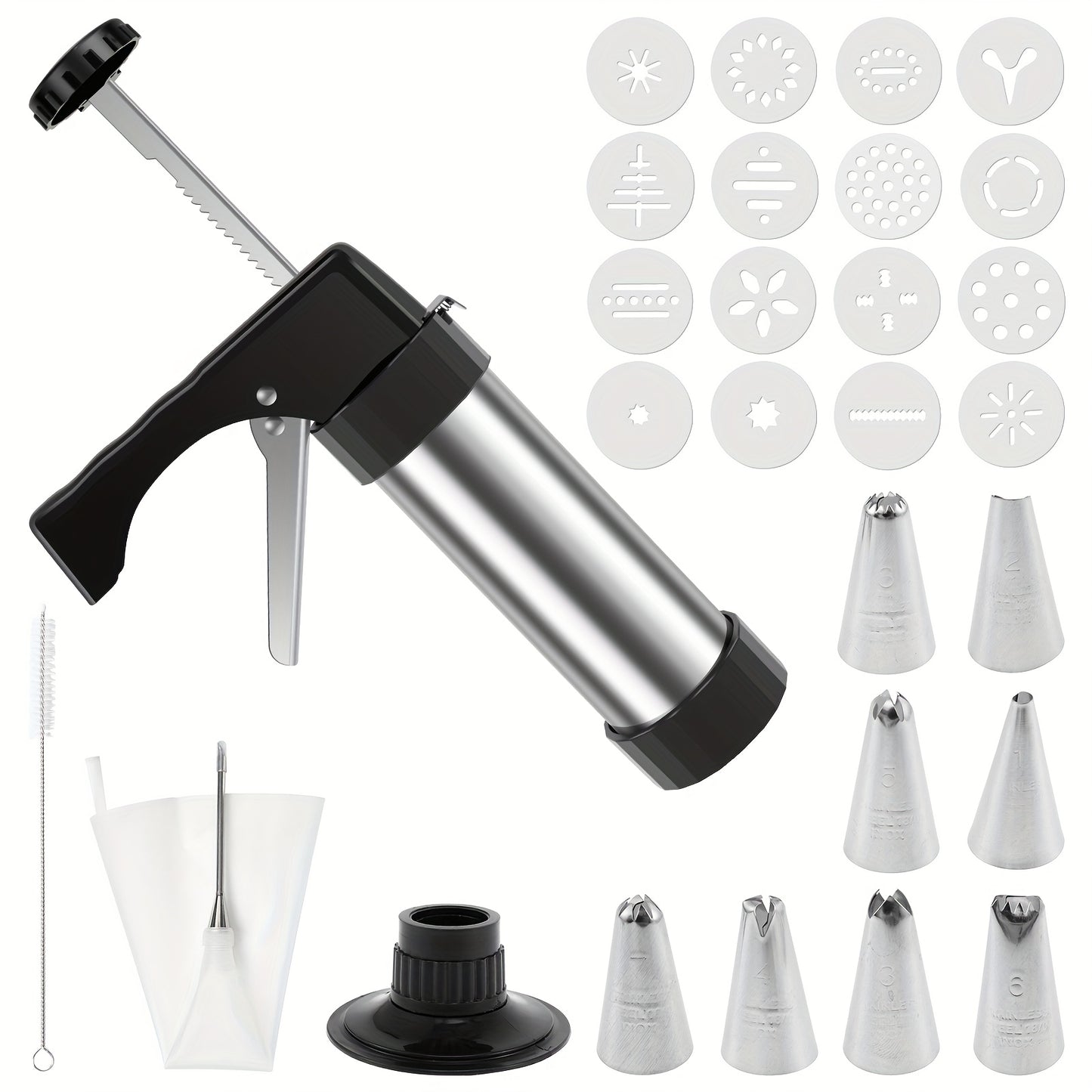 Cookie Press Kit Stainless Steel - 16 Cookie Discs & 8 Icing Tips, Biscuit Press Maker for Christmas Holiday Baking, Cake Dessert Decorating Tool Set with Cleaning Brush