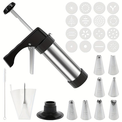 Cookie Press Kit Stainless Steel - 16 Cookie Discs & 8 Icing Tips, Biscuit Press Maker for Christmas Holiday Baking, Cake Dessert Decorating Tool Set with Cleaning Brush