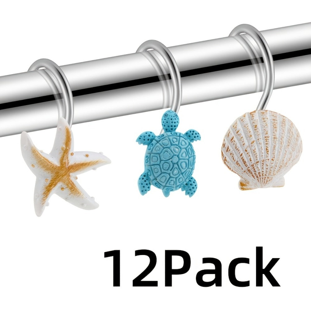 12pcs Resin Marine Shower Curtain Hooks – Blue Turtle & Starfish Shell Decorative Bathroom Curtain Ring Hangers Home Decor Accessories