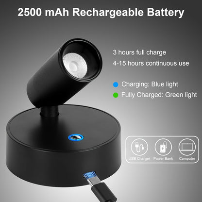 Rechargeable Indoor Spotlight LED – 3-Color Dimmable with Remote & Timer, 350° Adjustable, 2500mAh Battery, Magnetic Base Wall Accent Light for Pictures, Plants & Artwork (White / Black, 1 or 2 Pack)
