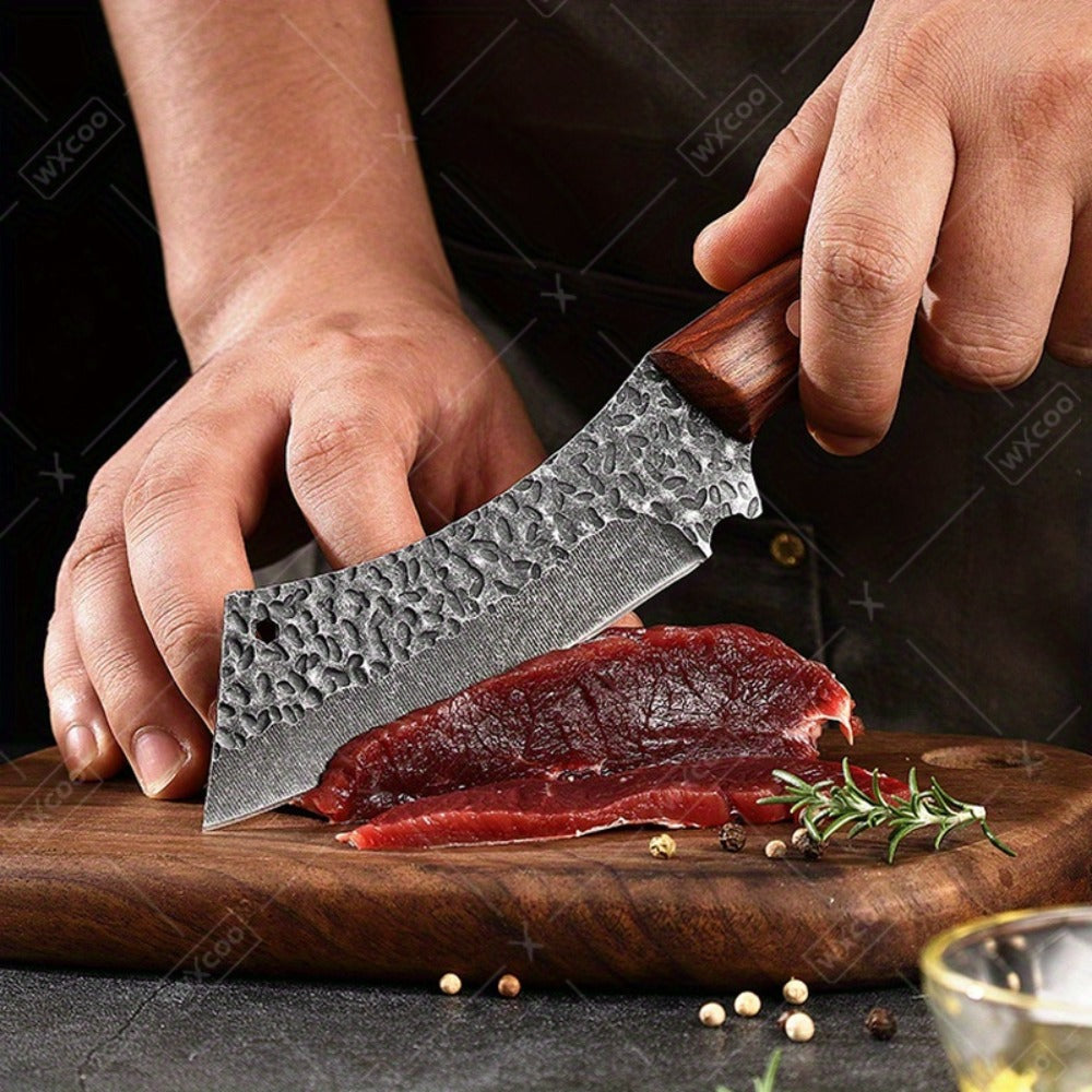 Chef Knife Set Stainless Steel, Professional Kitchen Knife Set with Boning Knife & Utility Knife, Viking BBQ Knife with Hammered Blade & Wood Handle, Multipurpose Cooking Knives for Meat Fish Vegetable