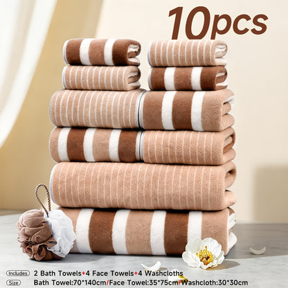 Microfiber Towel Set No Hair Loss Five-Star Hotel Standard - Ultra Soft 100% Polyester Two-Color Striped | 10pcs 3pcs 1pc | Green Brown Gray Red Blue | Bath Face Hand Towels with Bath Ball