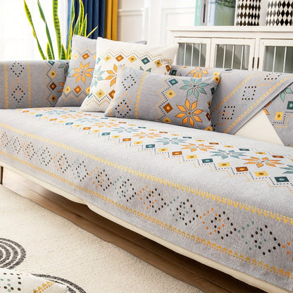 Bohemian Chenille Sofa Cover | Geometric Print Non-Slip Couch Slipcover, Thick Plush Boho Style, 1 to 4 Seat, Armrest & Backrest, Machine Washable, Sectional Sofa Protector
