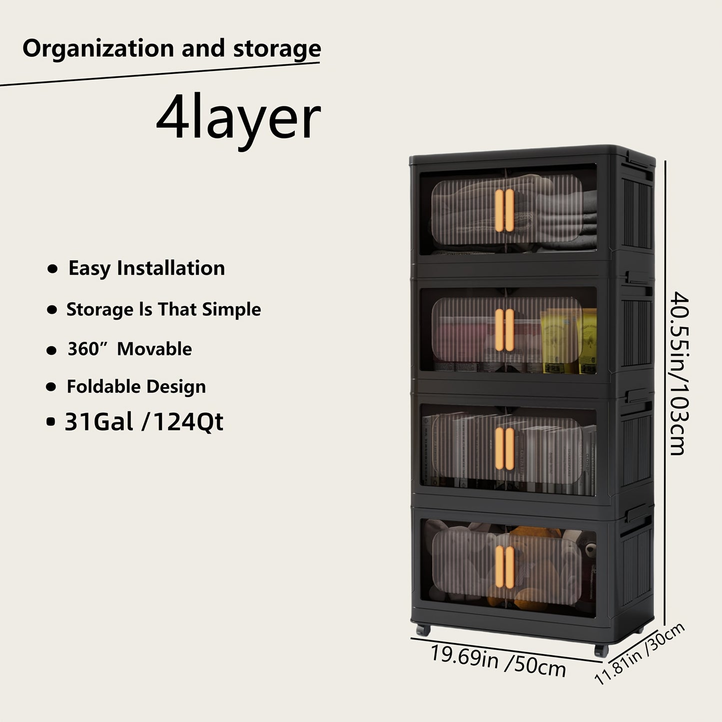 Rolling Storage Cart 4 5 Tier Double Door Collapsible Stackable Plastic Organizer with 360 Lockable Wheels Space Saving Bin for Dorm Office Closet Bedroom Garage Gym