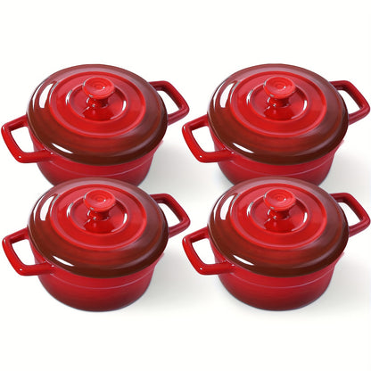 Mini Cocotte Ceramic Casserole Dishes Set of 4 with Lids and Handles - 12oz Oven Safe Baking Ramekins Microwave Dishwasher Safe Cookware