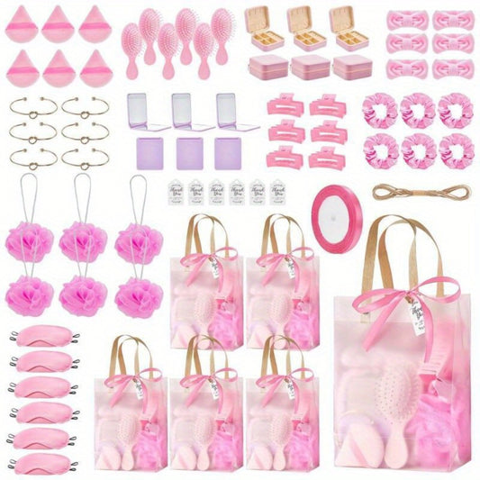 Party Favor Gift Set 74pcs – Headbands, Hair Brushes, Bracelets, Mirrors, Powder Puffs, Hair Ties, Clips, Bath Sponges & Jewelry Boxes with Gift Bags for Bridal Shower, Wedding, Christmas & Events (Pink/Blue)