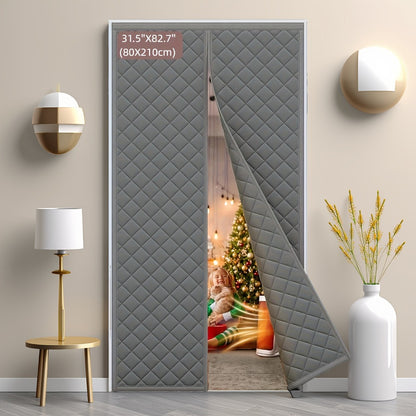 Thermal Insulated Door Curtain Magnetic Closure Knit Plaid Pattern – Windproof Insulation Blanket for Front Door, Sliding Glass, Patio & French Doors, Keep Cold Out, Grey & Brown, Multiple Sizes