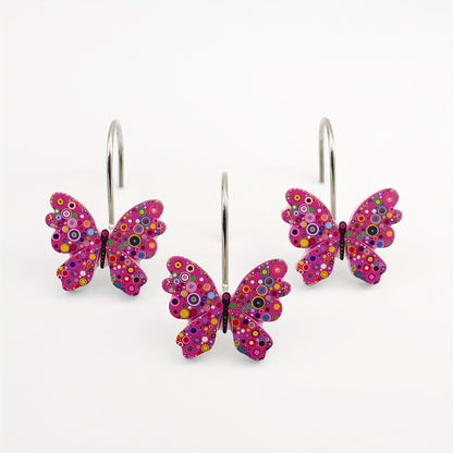 Butterfly Shower Curtain Hooks 12pcs Colorful Decorative Rustproof Metal Rings for Bathroom Wardrobe Curtain Rod