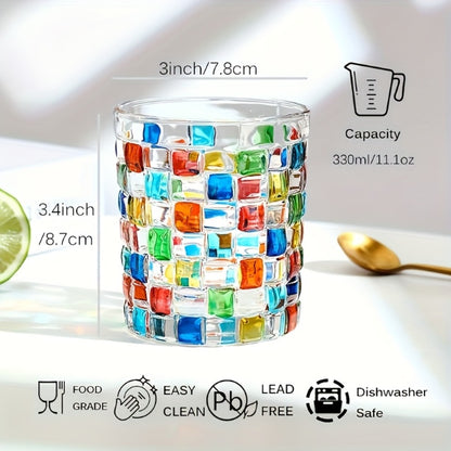 Hand-Painted Drinking Glasses Set – Colorful Square Lattice Woven Handcrafted Glass for Water, Juice, Whiskey & Beer – Artistic Decorative Glassware for Home Bar & Entertaining – 2pc or 4pc