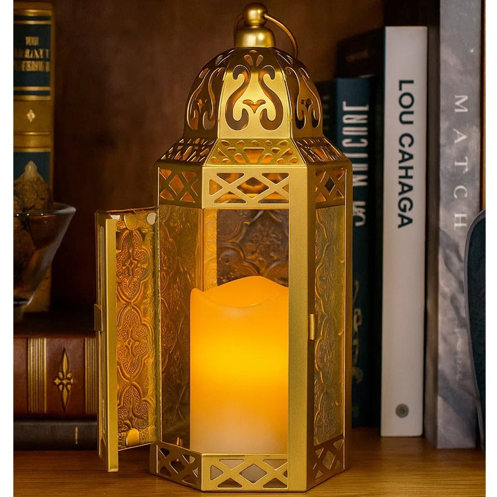 Moroccan Candle Lantern Holder - Decorative Metal & Glass Lantern with Embossed Floral Design for Indoor Home Decor, Garden, Patio, Weddings, Ramadan, Halloween & Holiday Celebrations - 10.5" Tall Medium Size