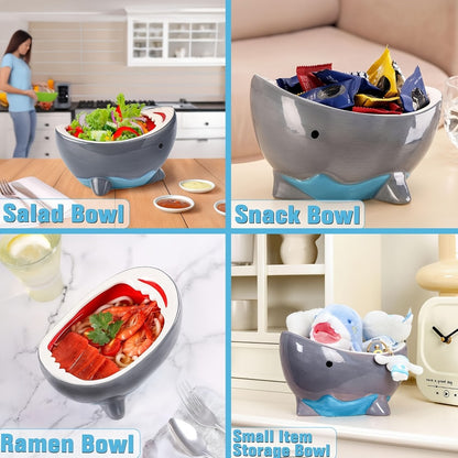 Shark Ramen Bowl 40oz – Large Handmade Ceramic Serving Bowl for Soup, Snacks, Candy & Fruit, Cute Decorative Key Bowl for Entryway, Unique Funny Shark Gift for Home Kitchen