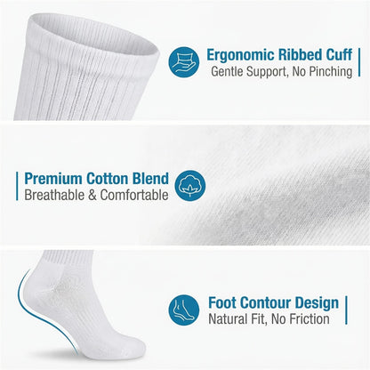Multicolor Diabetic Crew Socks 12 Pairs Cotton Non-Binding Neuropathy Seamless Cushioned Loose Fit for Men Women Sensitive Feet Edema White Black Grey Size 9-11 10-13