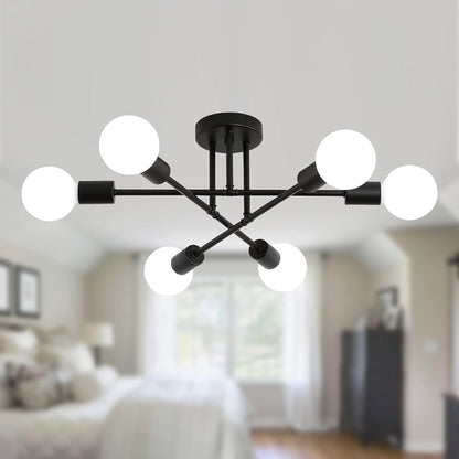 Sputnik Chandelier 6-Light Black Industrial Ceiling Light Fixture Semi Flush Mount for Bedroom Dining Room Living Room Kitchen