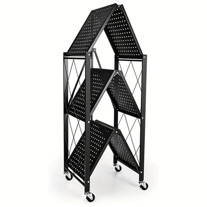 3 Tier Foldable Storage Rack with Wheels Heavy Duty Black Iron Shelving Unit for Garage Kitchen Pantry Utility Multi-Purpose Organizer