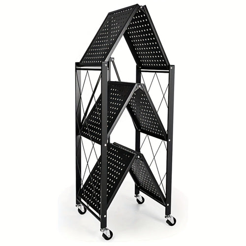 3 Tier Foldable Storage Rack with Wheels Heavy Duty Black Iron Shelving Unit for Garage Kitchen Pantry Utility Multi-Purpose Organizer